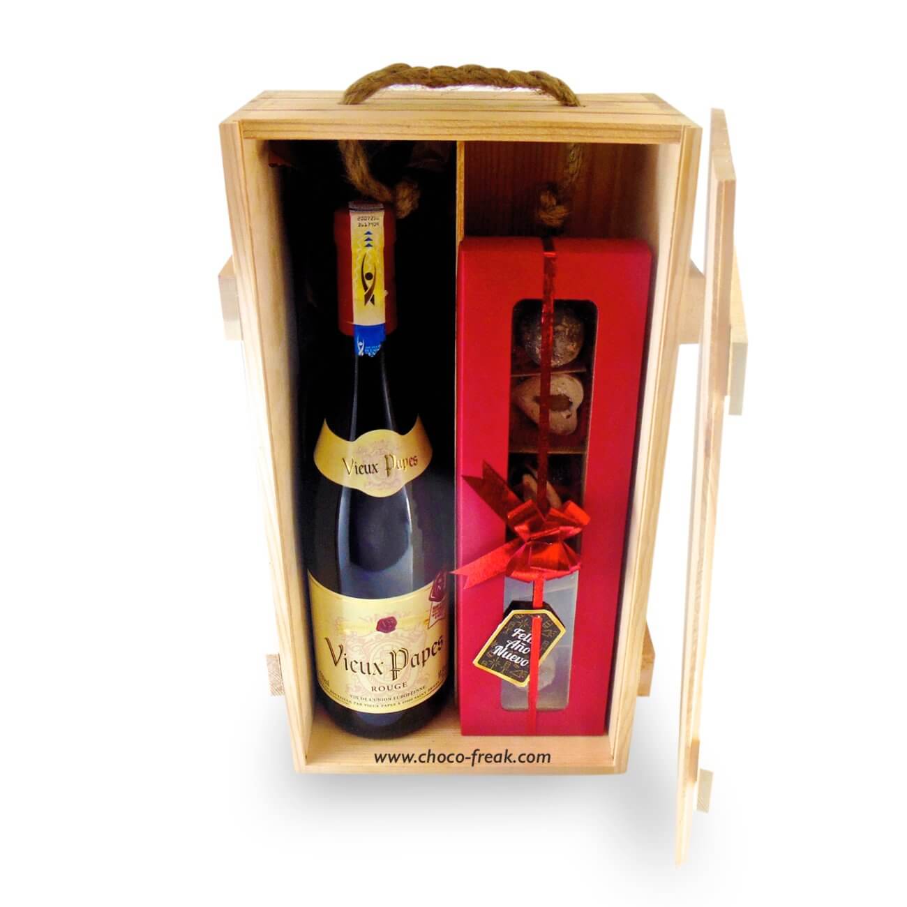 Caja de madera de pino con botella de vino y 6 trufas de chocolate gourmet. Regalos a domicilio con envío a Quito Guayaquil y Ecuador.