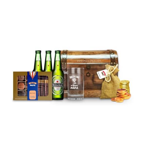 Baúl de madera con cervezas y chocolates gourmet. Regalos para Papá Quito Guayaquil Ecuador.