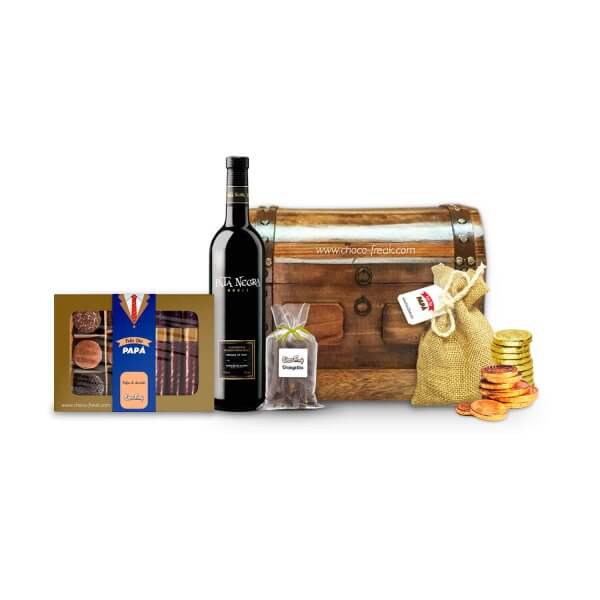 Regalos para Papá Quito Guayaquil Ecuador. Baúl de madera con vino y chocolates gourmet.